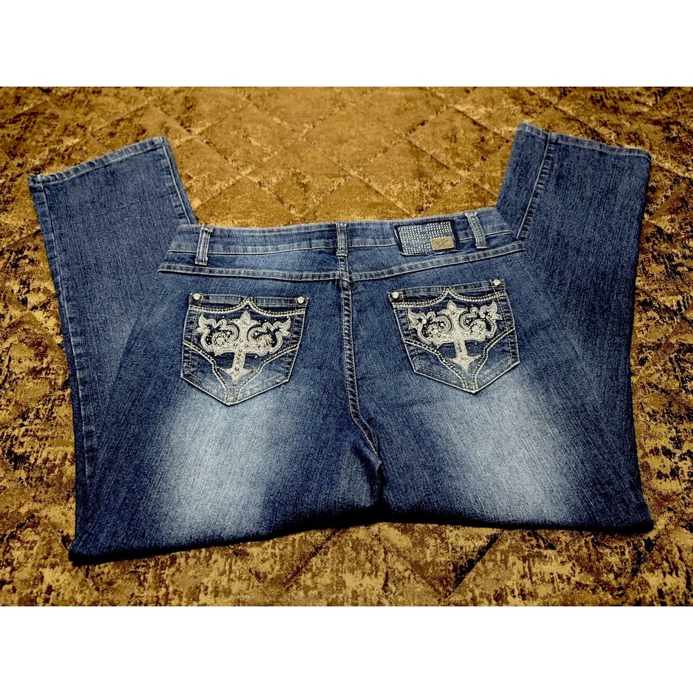 One 5 One Jeans Bootcut Stretch Embellished Gothic Crosses Pocket Womens Size 10
